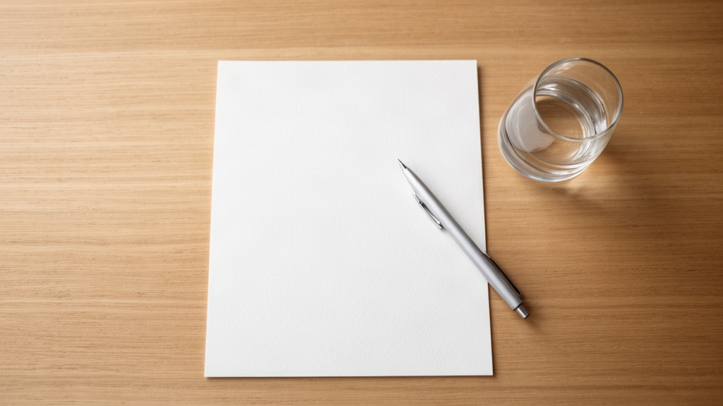 Uma folha de papel em branco e uma caneta sobre uma mesa de madeira, simbolizando o momento de autoobservação.