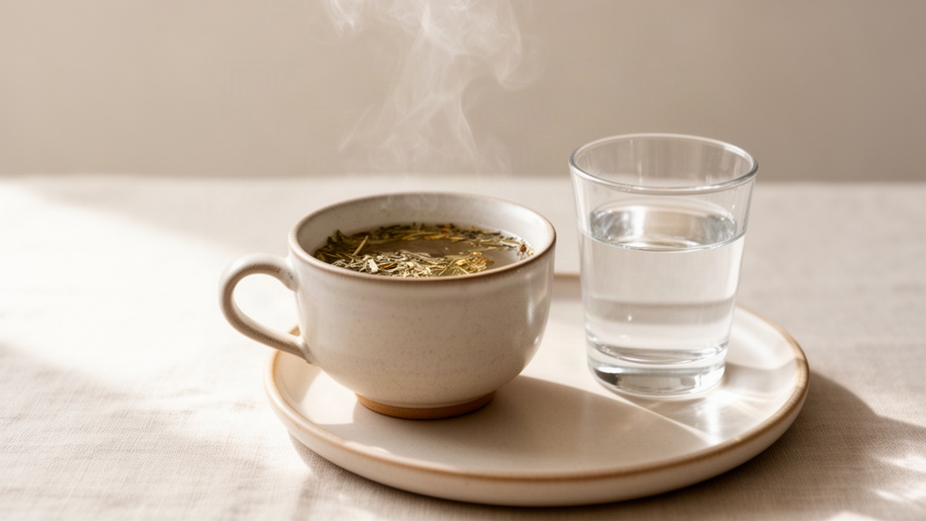 Xícara de chá vaporizando ao lado de um copo d'água em ambiente calmo e minimalista
