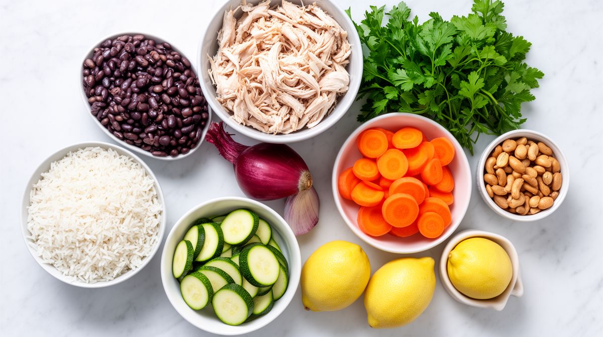 Ingredientes frescos para marmita dispostos sobre bancada branca: arroz, feijão, frango desfiado, cenoura, abobrinha, cebola roxa, salsinha e amendoim.