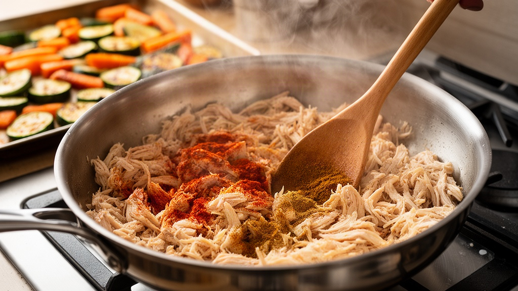 Frango desfiado sendo temperado em uma frigideira de aço inox, com legumes assados ao fundo, focando na textura e no vapor da comida quente.