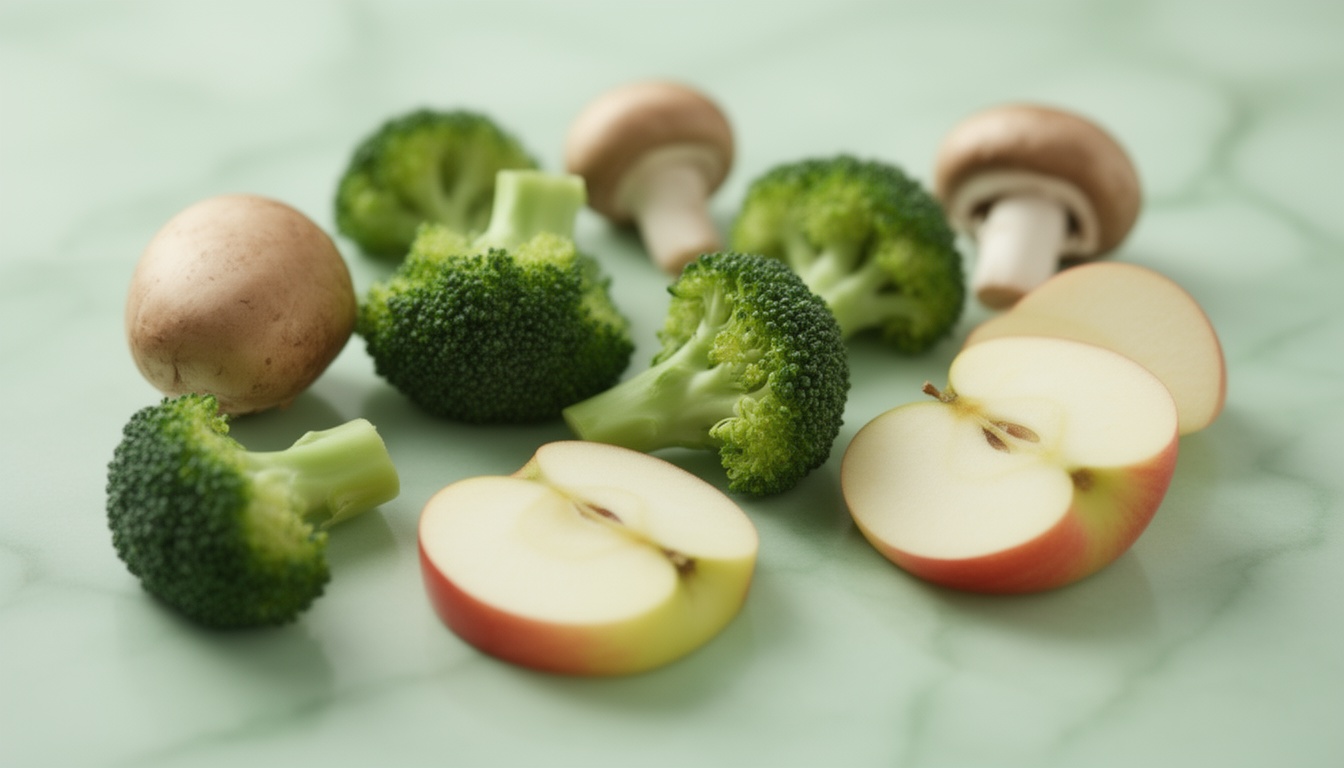 Fotografia macro suave de ingredientes frescos como brócolis, cogumelos e fatias de maçã sobre uma superfície de mármore verde menta, destacando as texturas naturais e simbolizando a experiência sensorial da digestão e saciedade.
