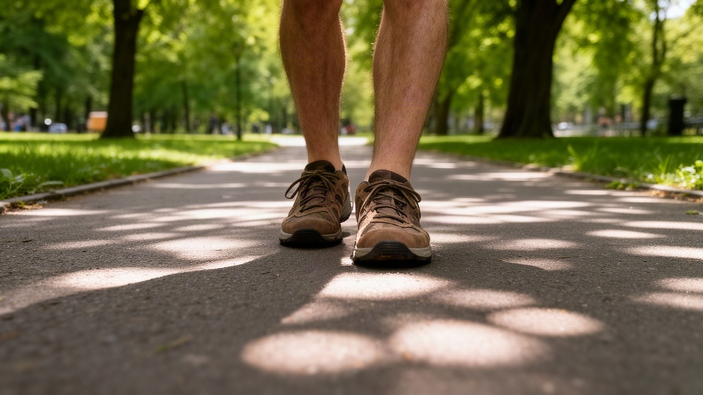 Detalhe de tênis de caminhada em trilha de parque arborizado, sugerindo passeio tranquilo