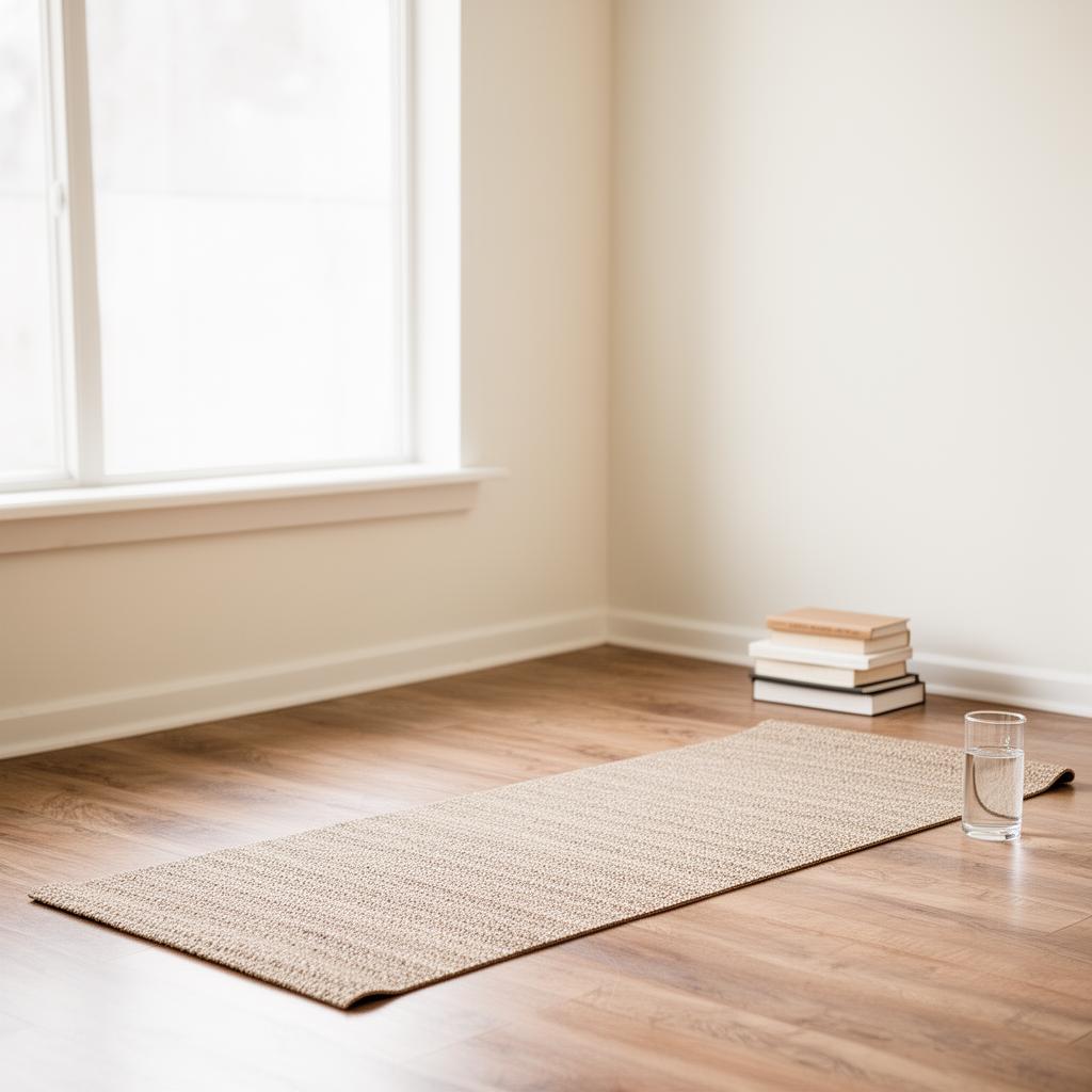 Canto de meditação tranquilo com tapete de ioga e luz natural, simbolizando pausa e presença