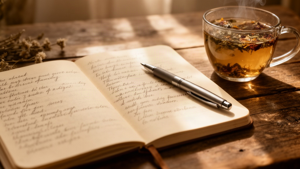 Caderno aberto e caneta sobre mesa de madeira, ao lado de uma xícara de chá, simbolizando reflexão leve.
