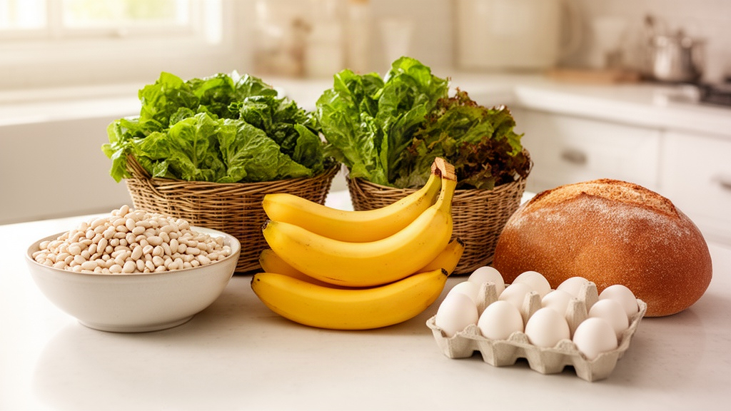 Ingredientes alimentícios organizados por grupos na bancada da cozinha, incluindo feijão, folhas, frutas e proteínas, ilustrando o planejamento por pilares.
