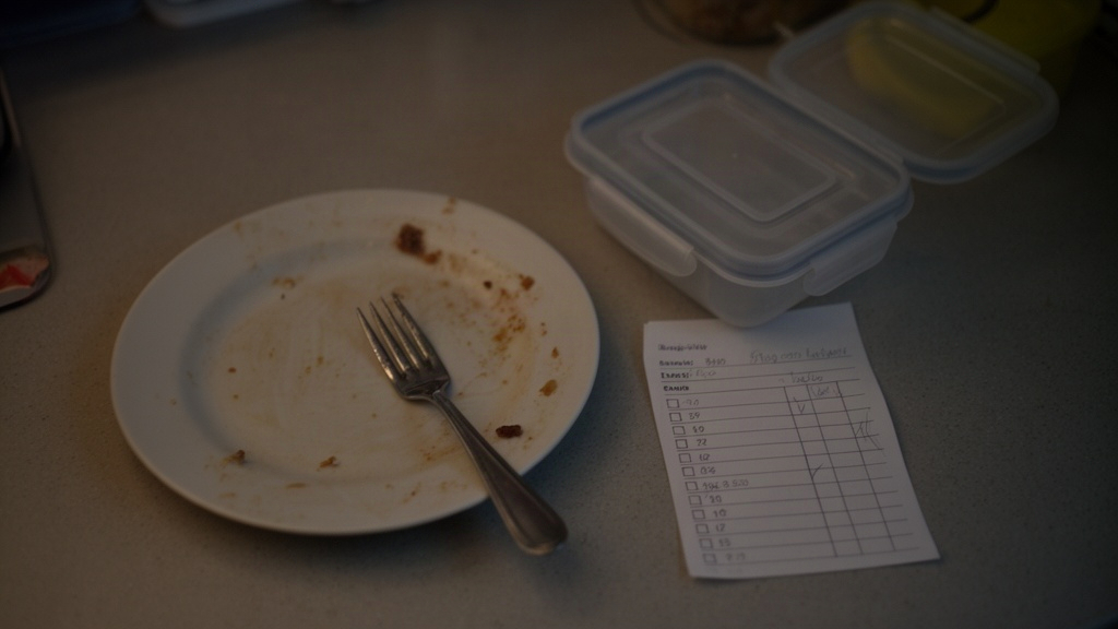Mesa de jantar após a refeição com prato vazio e anotações simples, representando a revisão neutra do planejamento semanal.