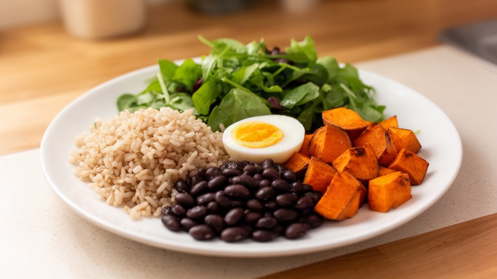 Detalhe de um prato com combinação de carboidratos integrais, leguminosas, vegetais e proteína, ilustrando a estrutura alimentar sustentável.