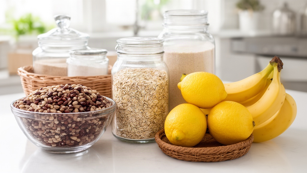 Mesa de cozinha organizada com ingredientes básicos como feijão, aveia, frutas e legumes, representando a prática de compras por categorias.