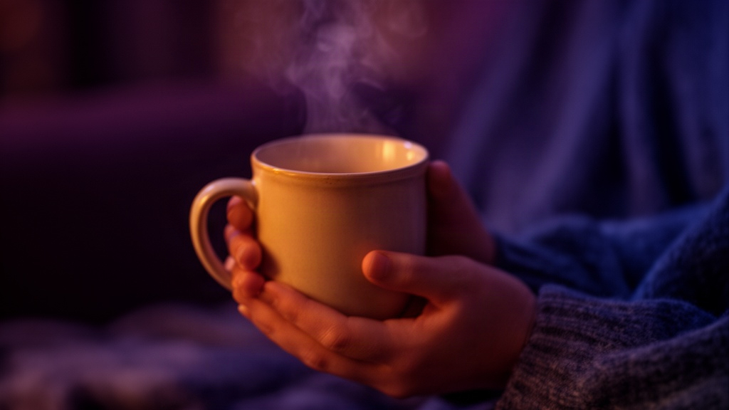 Mãos segurando uma xícara de chá quente em ambiente com luz baixa, representando rituais de relaxamento noturno