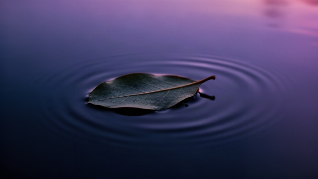Uma folha flutuando sobre água escura e calma em tons de azul e roxo, representando serenidade e descompressão