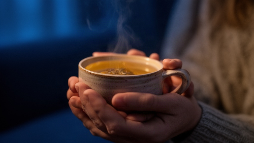 Mãos segurando uma xícara quente de chá em ambiente azul e escuro, transmitindo conforto e pausa noturna