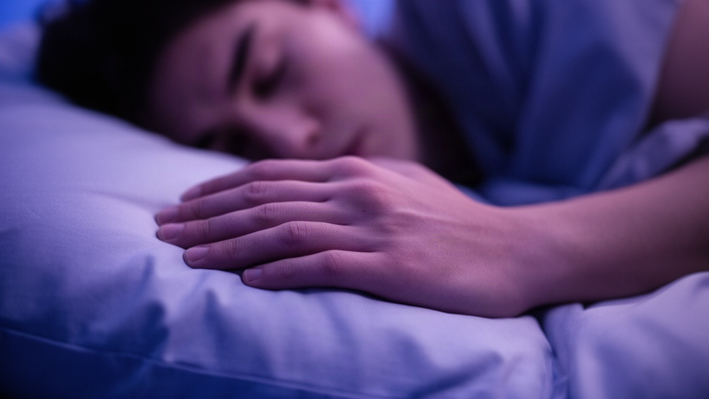 Mão relaxada sobre um travesseiro em ambiente escuro com tons de azul e roxo, representando o sono e o descanso profundo do corpo