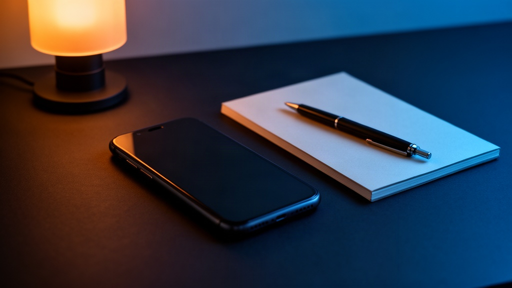 Celular desligado e virado para baixo ao lado de um bloco de anotações e uma caneta sobre mesa escura, simbolizando a pausa digital e o silêncio mental