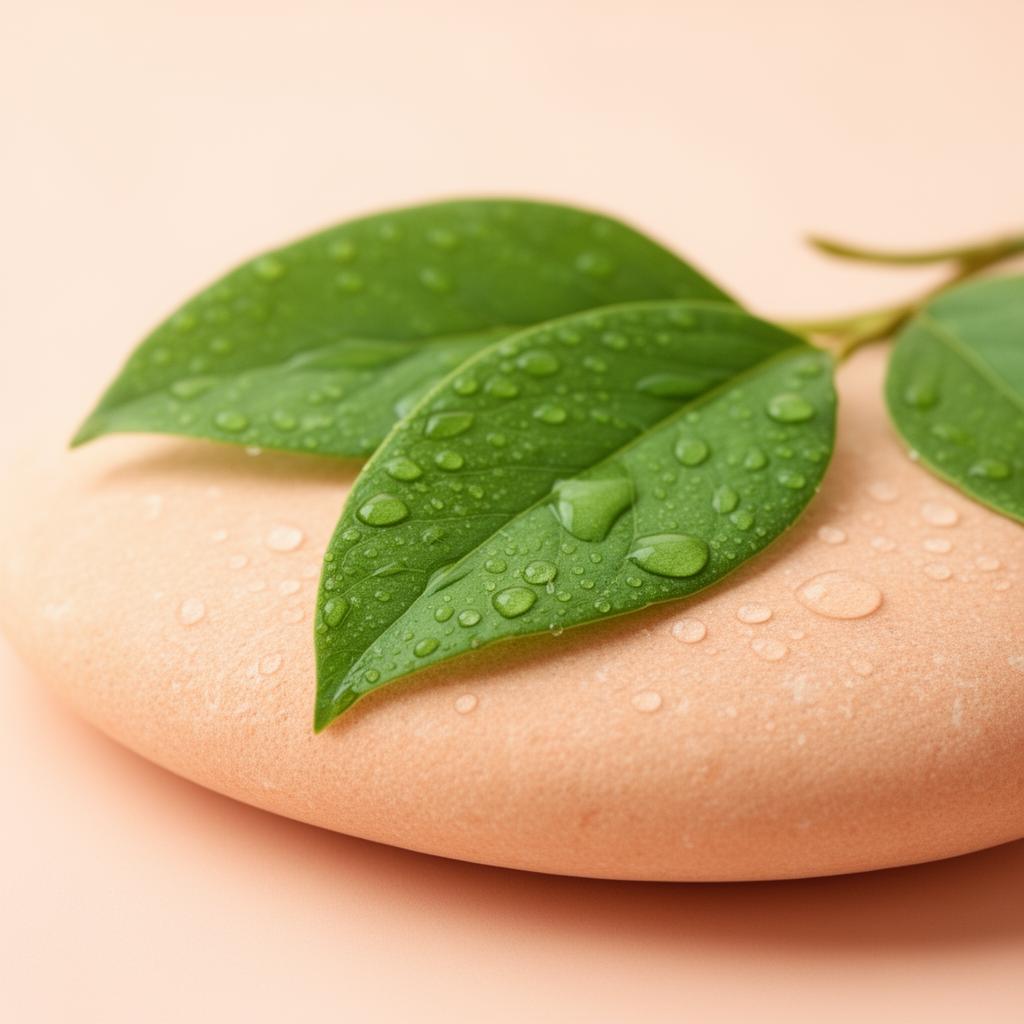 Detalhe macro de folhas verdes com água, representando o conceito de volume alimentar e hidratação