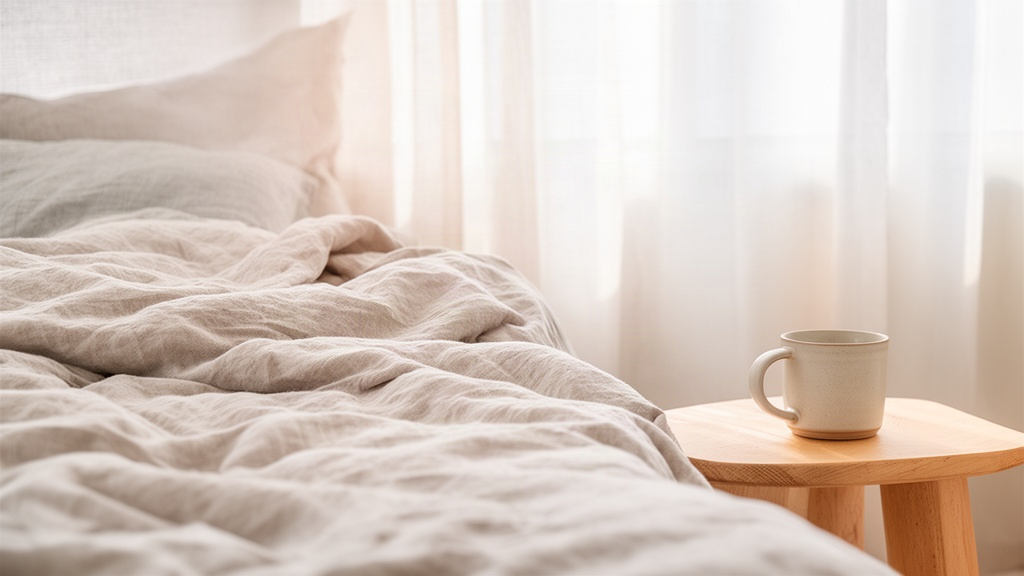 Cena tranquila de um quarto com cama desarrumada e luz da manhã, simbolizando a importância do descanso