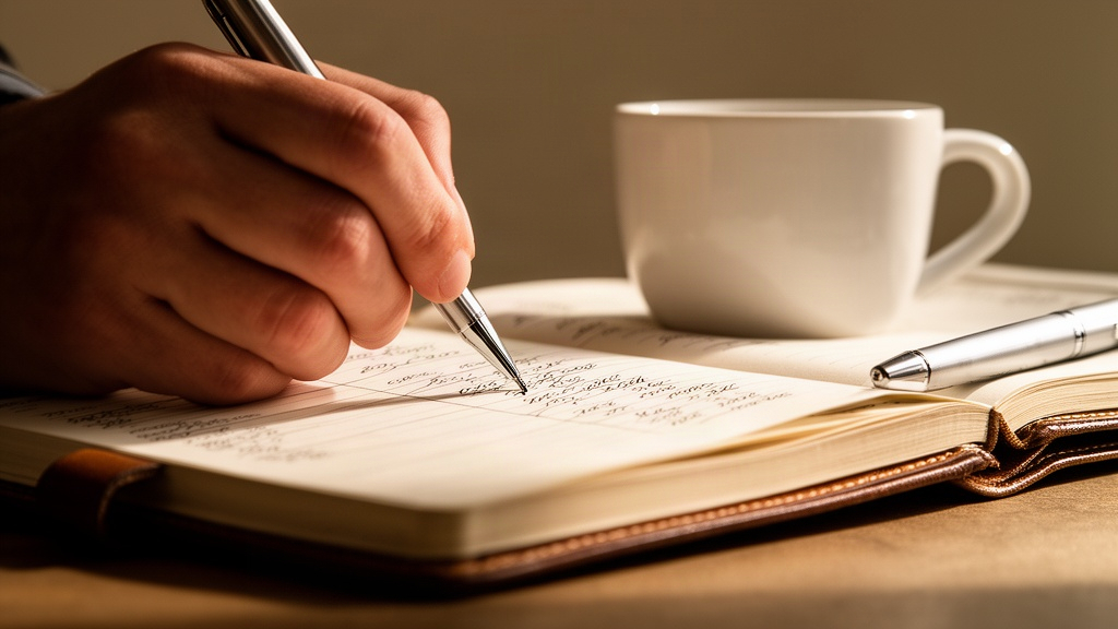 Mão escrevendo em caderno de anotações ao lado de caneta e caneca, representando o registro detalhado de custos