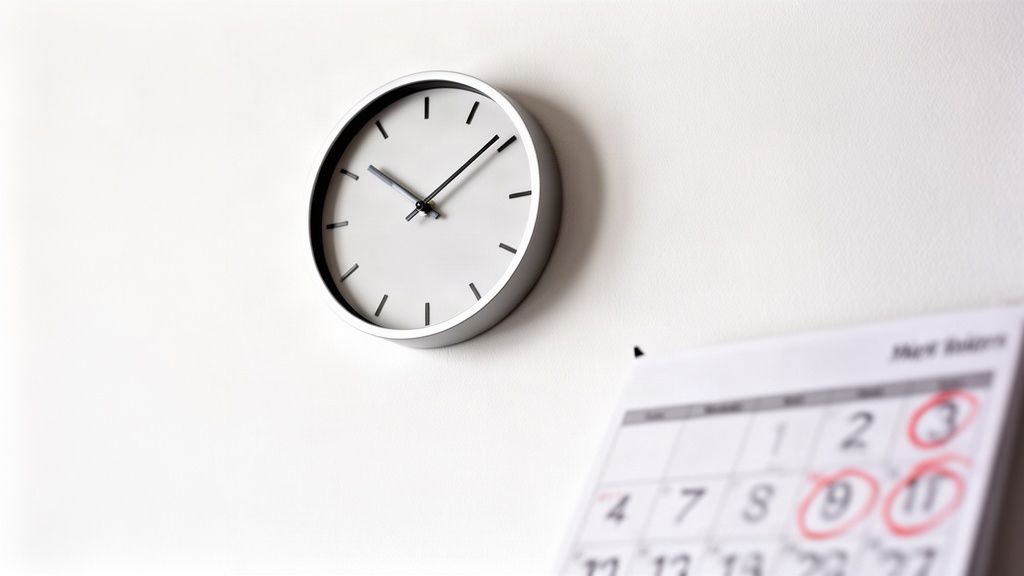 Relógio de parede minimalista e calendário desfocado ao fundo, simbolizando a gestão do tempo disponível