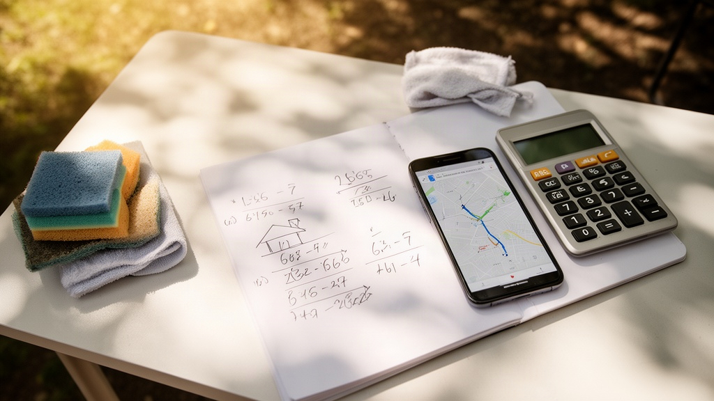 Caderno de anotações com cálculos de tempo e mapa de rota ao lado de suprimentos de limpeza