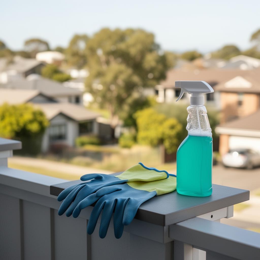 Luvas de limpeza e produto de higiene dispostos com ordem em uma varanda ensolarada