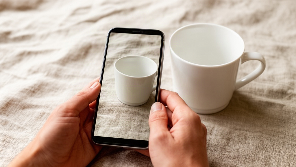 Mãos segurando smartphone tirando foto de objeto branco com boa iluminação natural, detalhe de textura