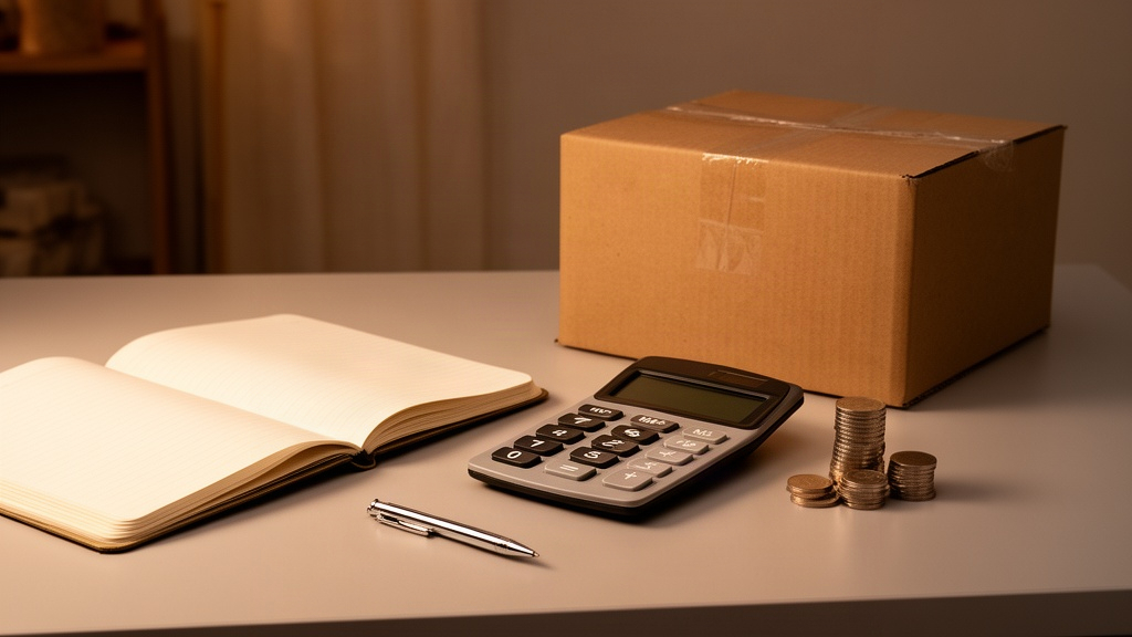 Mesa de trabalho com caderno aberto, calculadora e caixa de envio, simbolizando o cálculo de custos e lucros