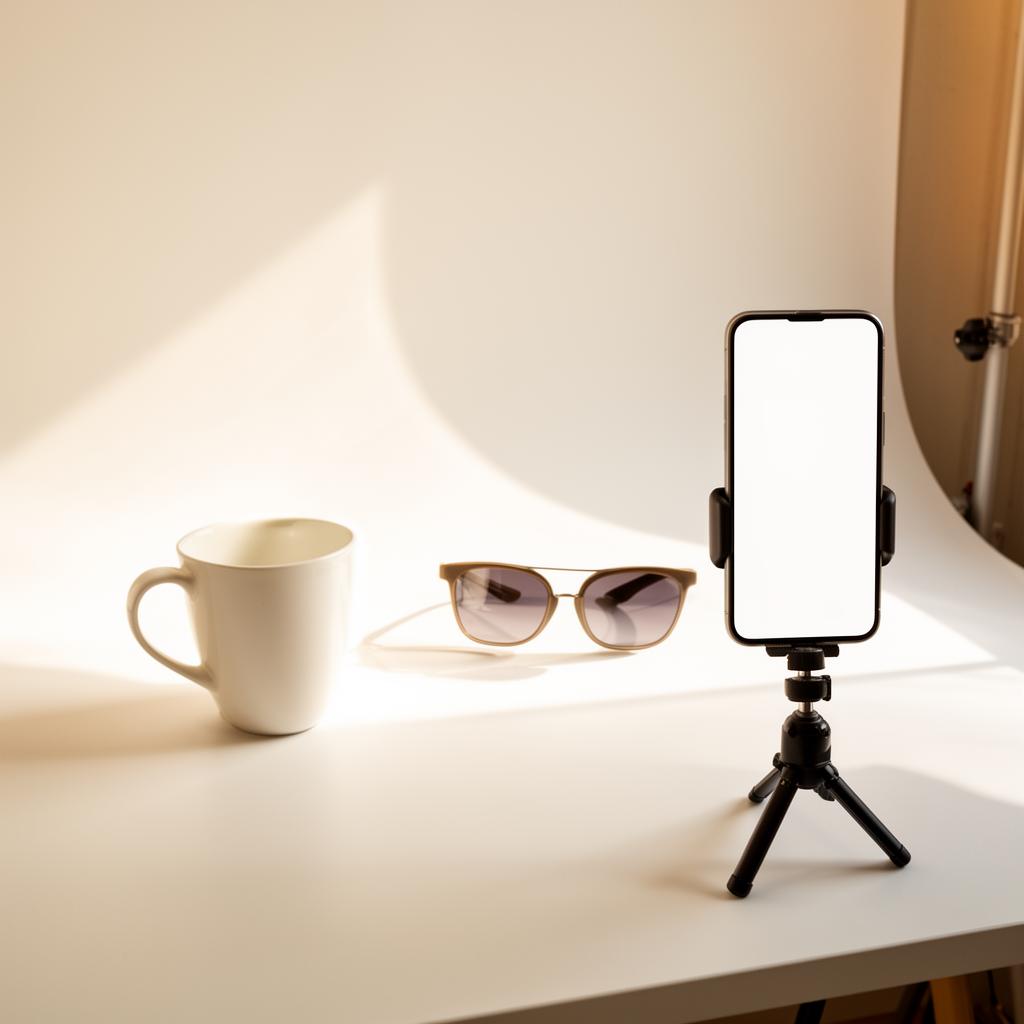 Configuração minimalista para fotografia de produtos com fundo branco, iluminação natural e smartphone em tripé