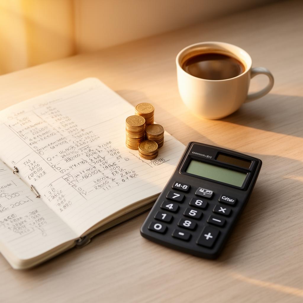 Escritório limpo com caderno de anotações, calculadora e moedas, simulando o cálculo de margem de lucro em venda de usados