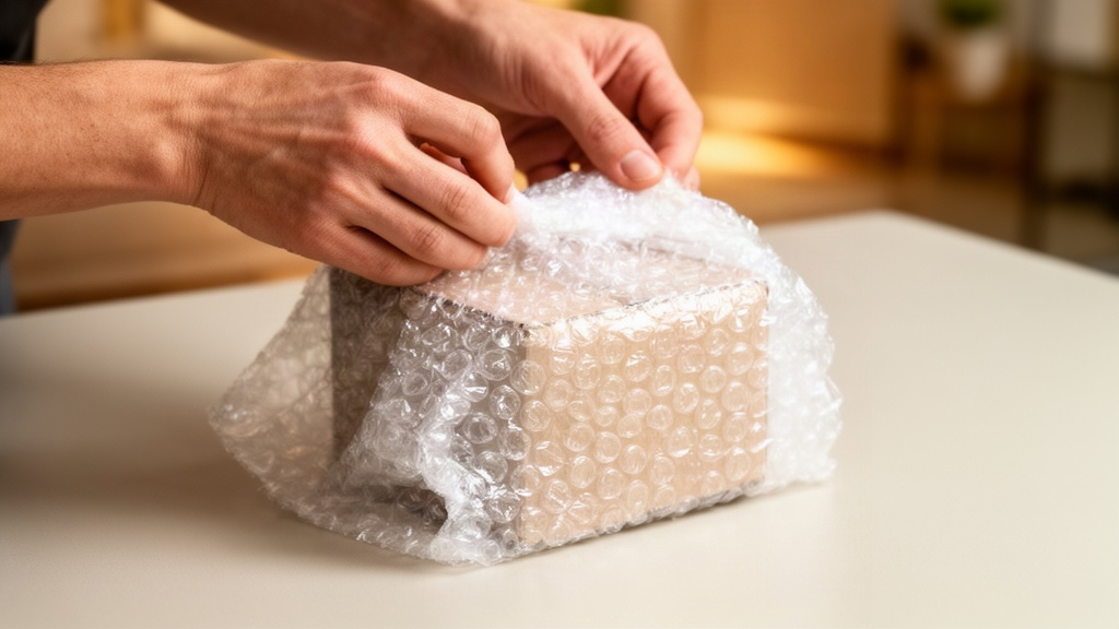 Mãos embalando um item com papel bolha sobre uma mesa clara, destacando o cuidado no preparo do envio