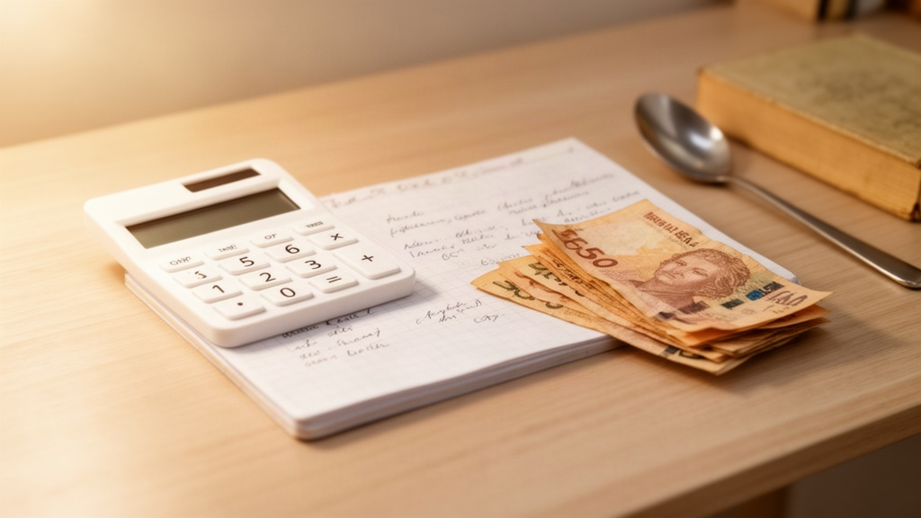 Calculadora, caderno e notas de real sobre uma mesa de madeira, ilustrando o cálculo realista de preço e custos