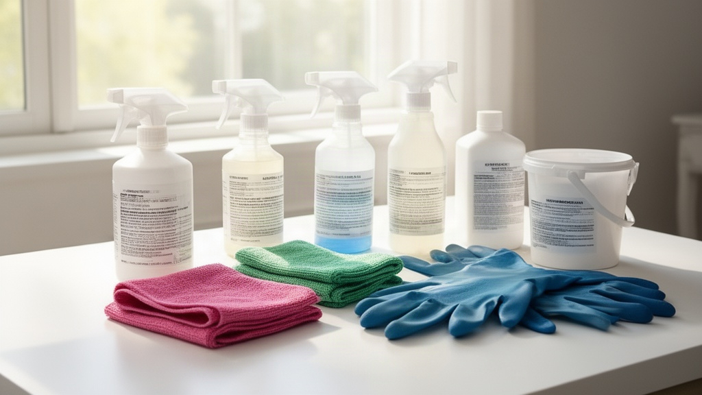 Kit de limpeza profissional com produtos etiquetados e luvas, destacando segurança e organização