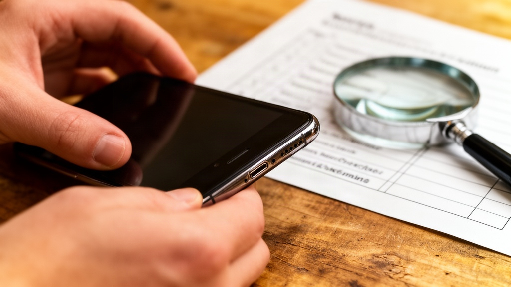 Mãos verificando detalhes de um celular usado sobre mesa de madeira, com checklist técnico ao fundo