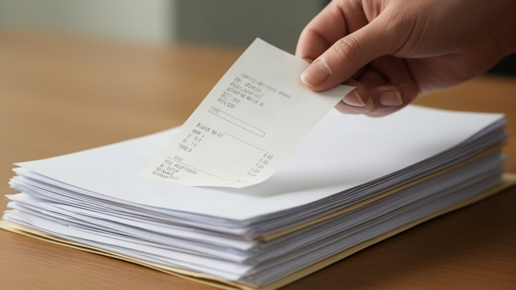 Mão organizando recibos e documentos de venda em uma pilha ordenada, representando o registro de faturamento bruto.
