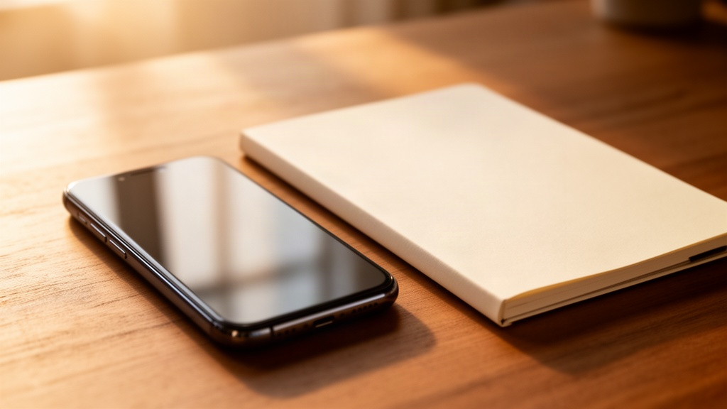 Smartphone e caderno sobre mesa de madeira representando comunicação com clientes
