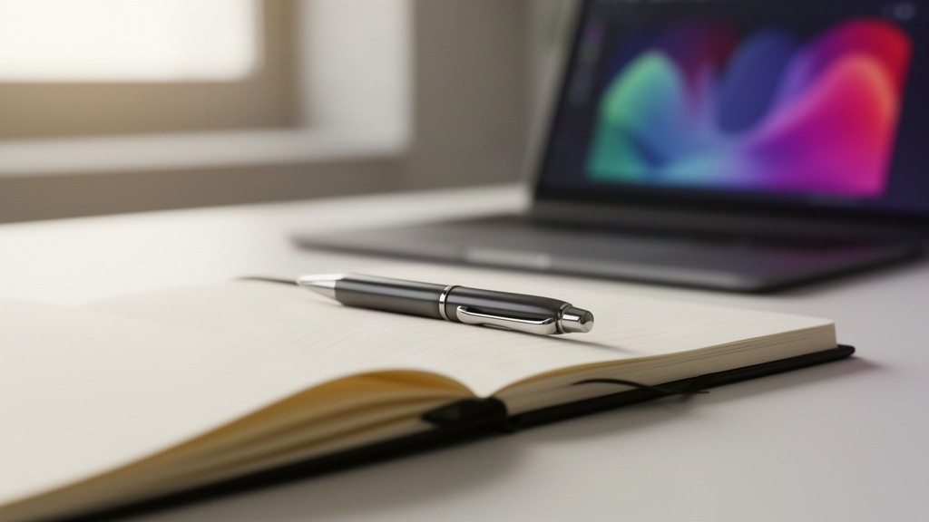 Caderno aberto com caneta ao lado de um laptop desfocado, representando planejamento de habilidades digitais