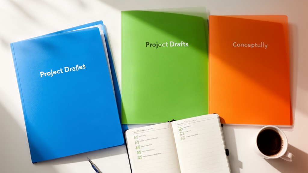 Vista superior de uma mesa organizada com pastas coloridas e um caderno de checklist, simbolizando a organização de projetos