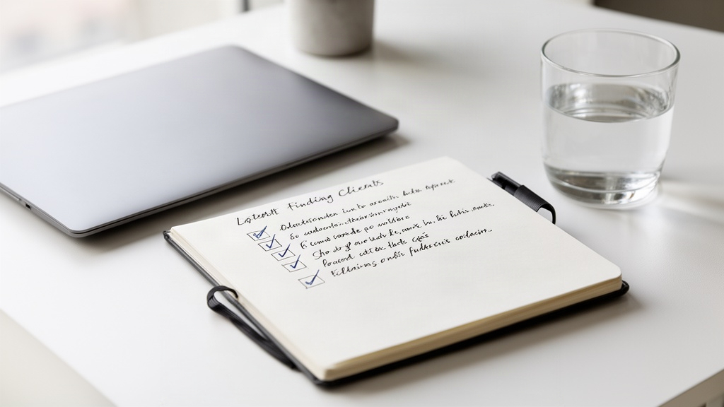 Caderno com checklist organizado e laptop fechado, representando a metodologia para conseguir os primeiros clientes