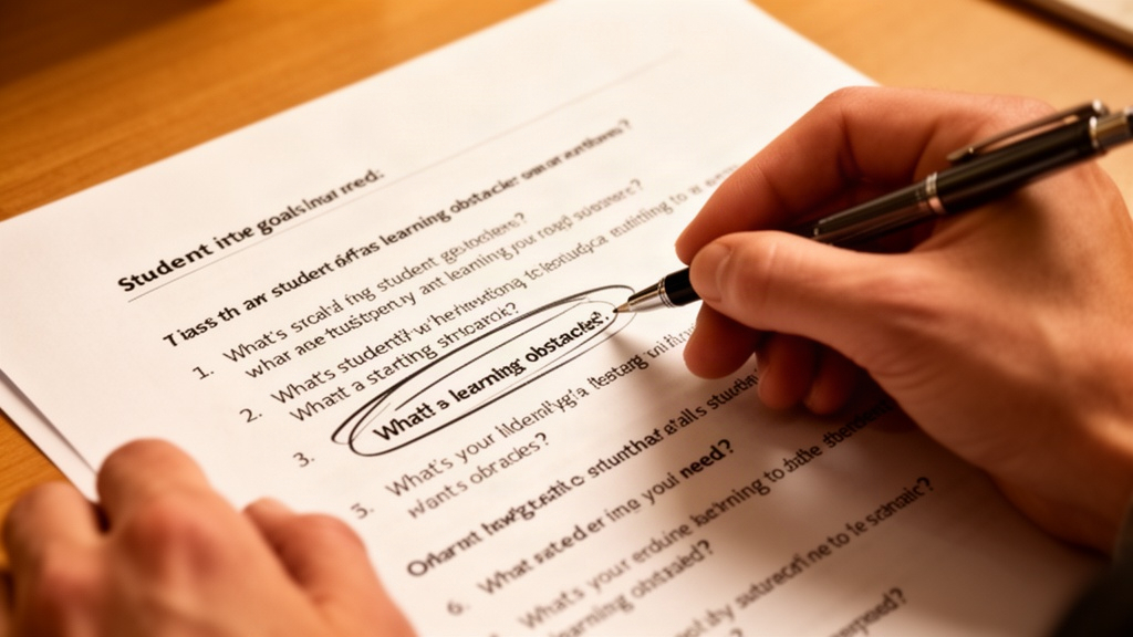 Mãos destacando perguntas em um documento, simbolizando a pesquisa de demanda para aulas