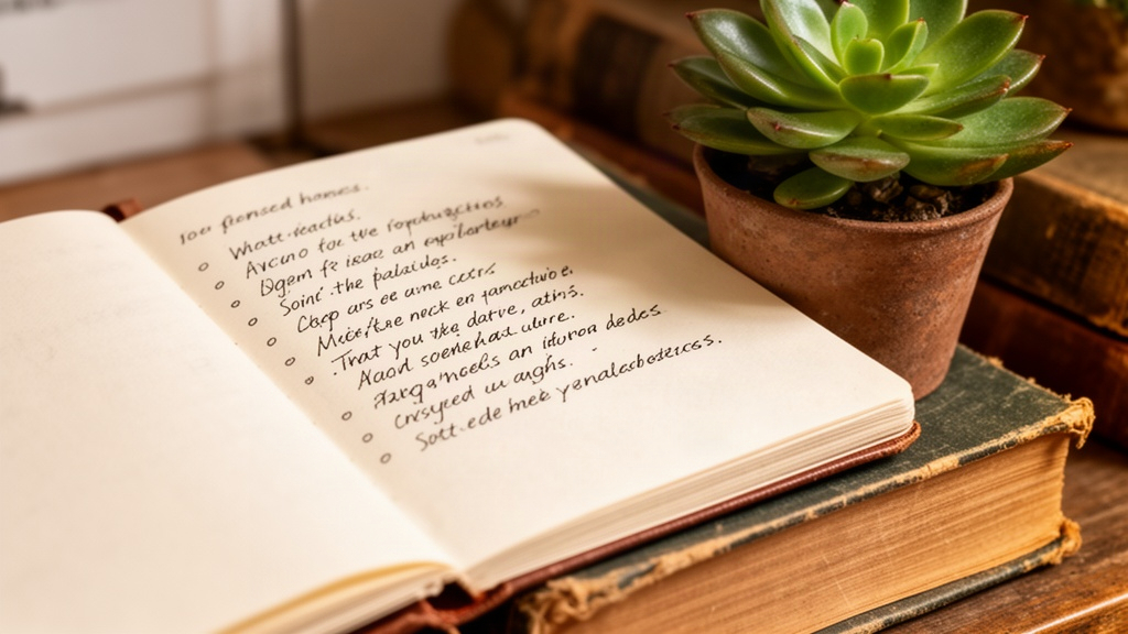 Caderno aberto com anotações manuscritas ao lado de uma planta suculenta e livros antigos, evocando estratégia orgânica e planejamento caseiro