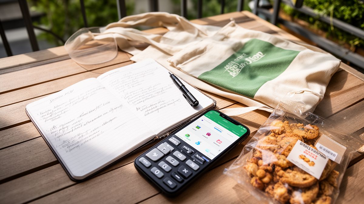 Mesa de trabalho externa com caderno de anotações, calculadora e amostras de produtos como sacola ecológica e snack embalado, ilustrando o planejamento de ideias de baixo investimento