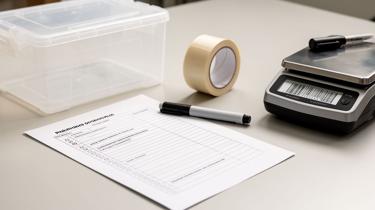 Detalhe de itens de logística como caixa de armazenamento, fita adesiva, scanner e lista de verificação em uma mesa, representando a organização do estoque e entregas