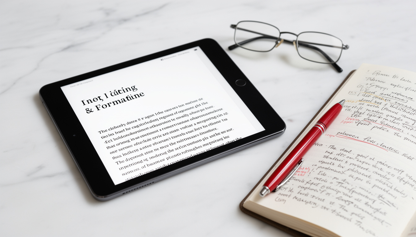 Detalhe de um tablet mostrando formatação de e-book ao lado de um manuscrito físico com anotações e óculos de leitura, sobre mesa branca