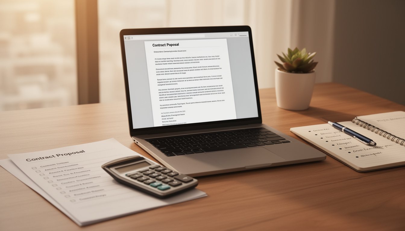 Escritório profissional com laptop mostrando proposta de serviço, checklist impresso e caderno de anotações, iluminação suave e organizada