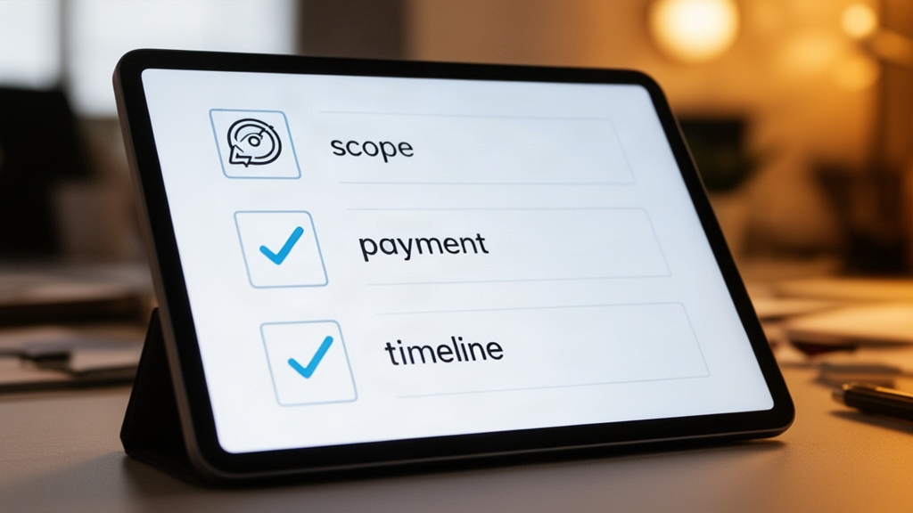 Detalhe de dispositivo digital mostrando checklist estruturado em ambiente de trabalho, focado em processos claros e verificação