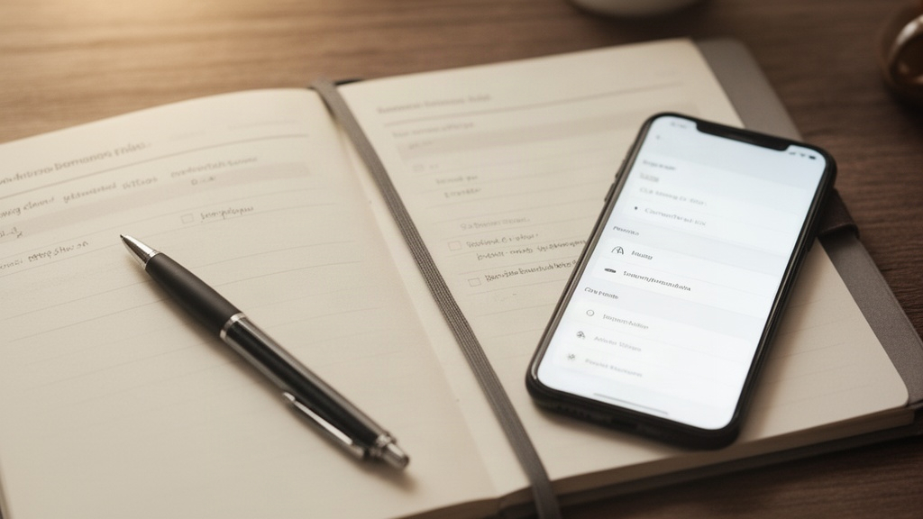 Caderno profissional aberto com caneta e smartphone mostrando uma lista genérica, sugerindo planejamento de serviços