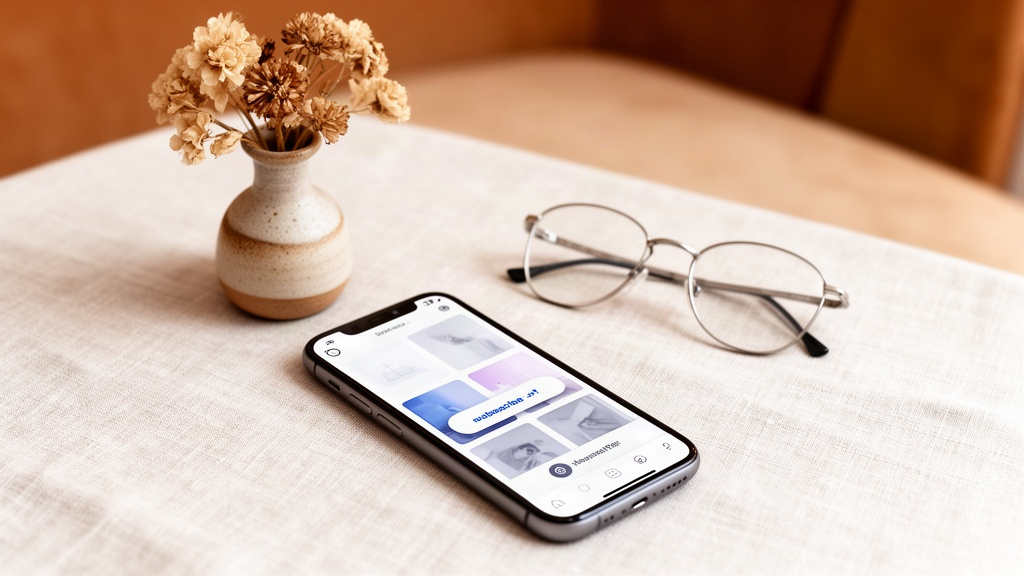 Smartphone em mesa de tecido claro exibindo interface de mídia social e botão de assinatura, ao lado de óculos e decoração minimalista