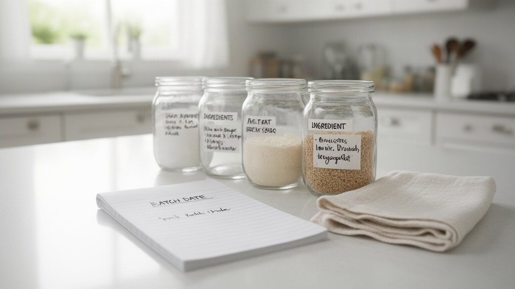 Detalhes de organização e higiene na preparação de alimentos artesanais, com rótulos e caderno de controle.