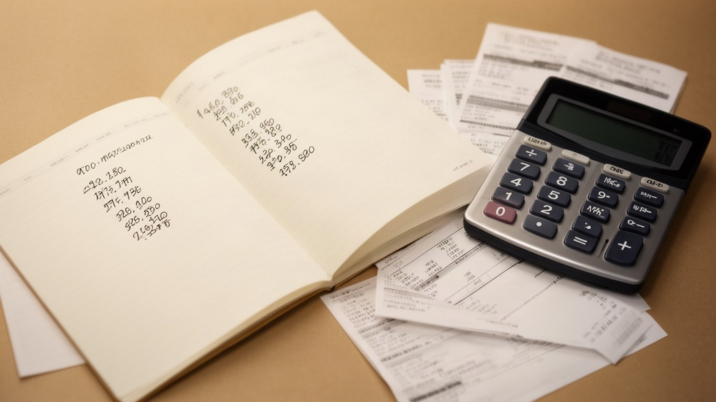 Caderno de anotações financeiras, calculadora e recibos impressos em mesa clara, simbolizando planejamento de custos