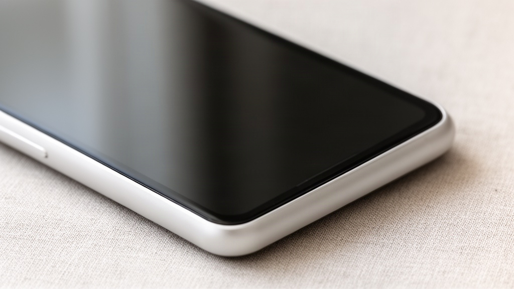 Primeiro plano detalhado de um smartphone limpo sobre fundo neutro, com iluminação suave que destaca as bordas e a tela, focando na condição real do item