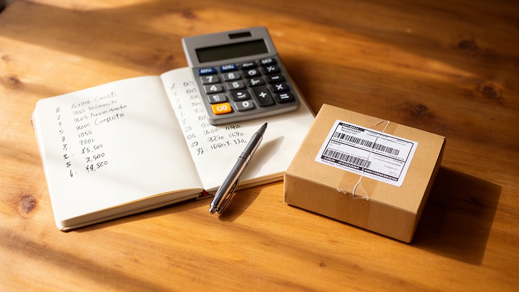 Composição flat lay de uma mesa de trabalho com bloco de anotações, calculadora e pacote embalado, ilustrando o planejamento financeiro cuidadoso de uma venda