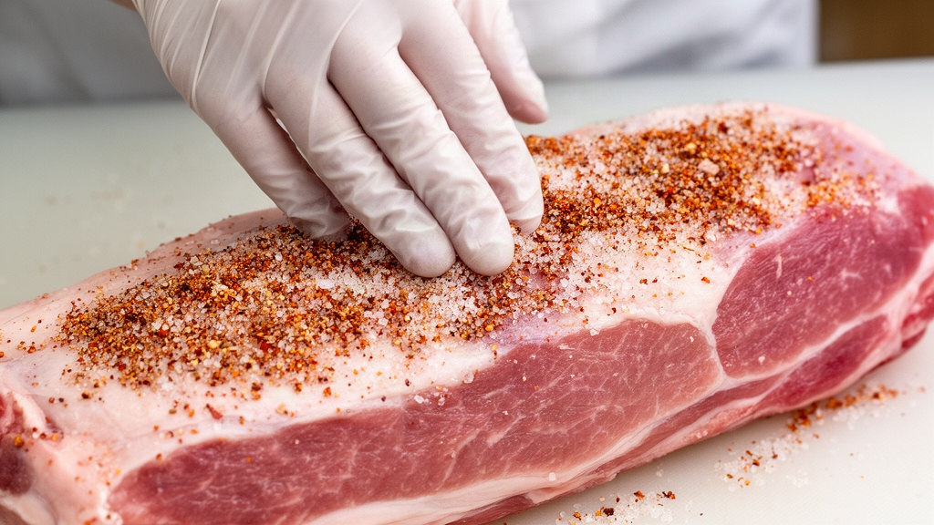 Mãos aplicando uma mistura de sal e especiarias secas na superfície de uma peça de carne crua em uma bancada limpa.